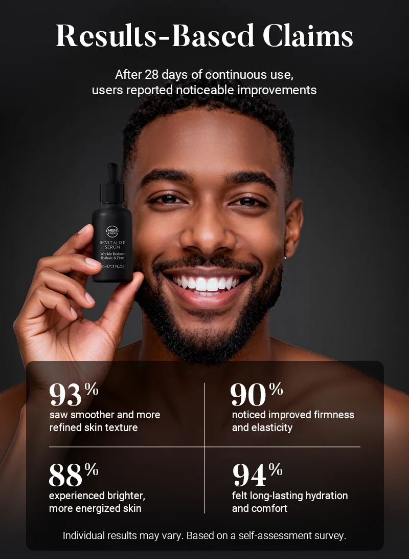 Smiling man holding Revitalize serum bottle in hand with product benefits statistics displaying improved skin texture, firmness, and hydration.
